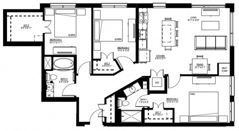 Floor plan for 3 beds, 2 baths, 1262 sqft